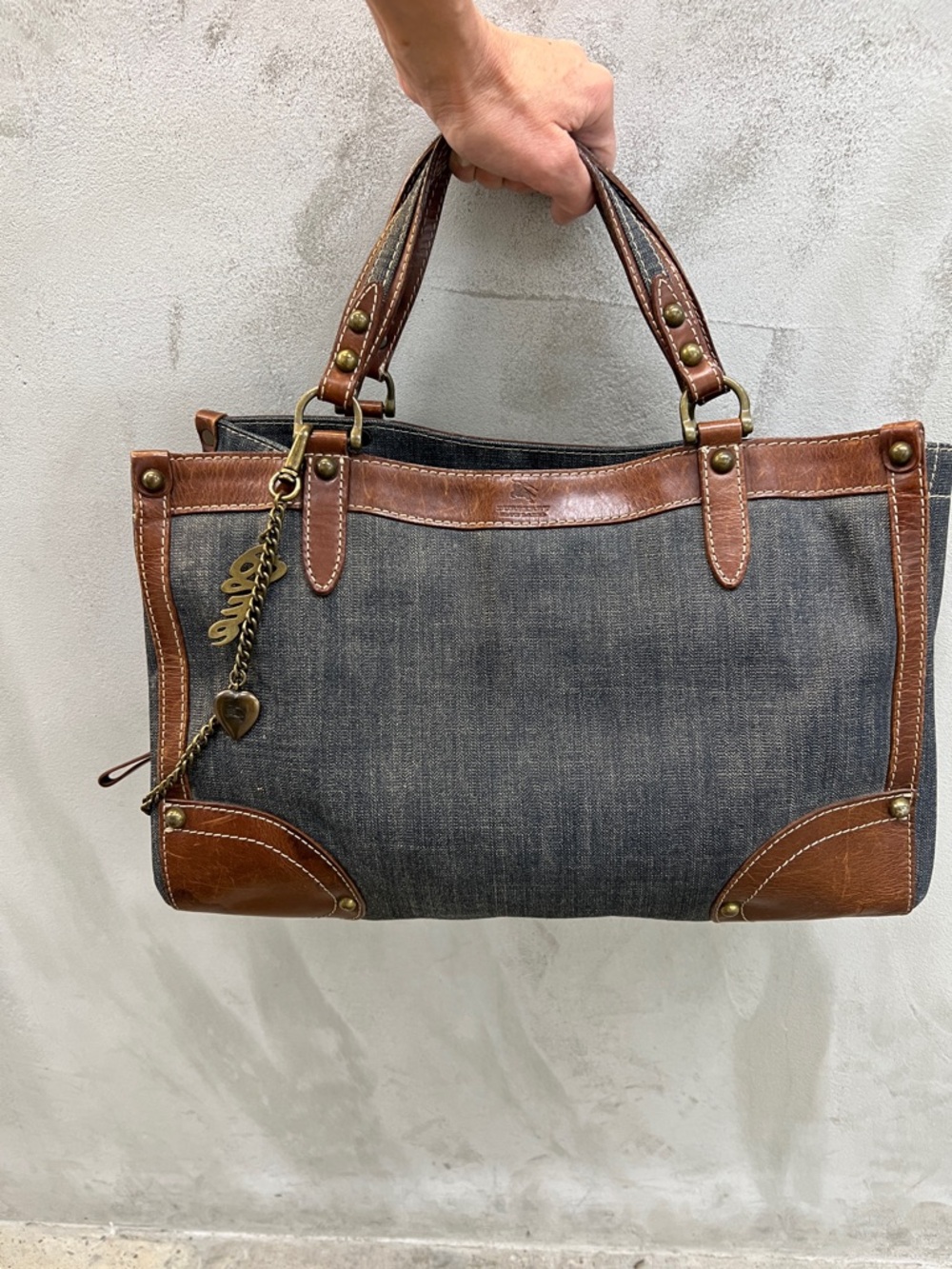 Burberry Navy Denim Tote with Brown Leather Trim